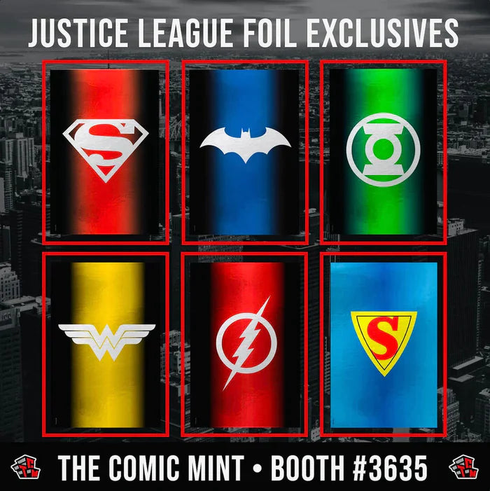 JUSTICE LEAGUE DC NYCC COMPLETE FOIL SET INCLUDING FREE GOLDEN AGE