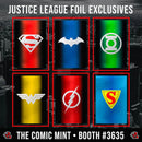 JUSTICE LEAGUE DC NYCC COMPLETE FOIL SET INCLUDING FREE GOLDEN AGE SUPERMAN LOGO