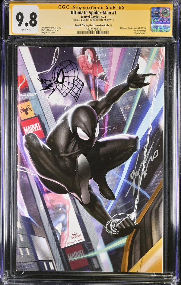 ULTIMATE SPIDER-MAN #1 FOURTH PRINT BLACK SUIT VIRGIN VARIANT SIGNED & REMARKED BY INHYUK LEE CGC 9.8