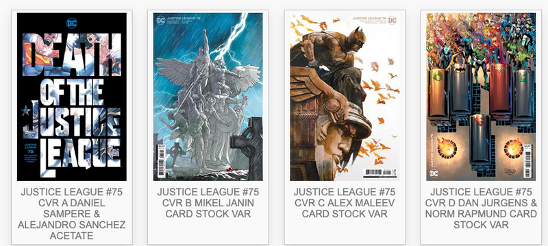 JUSTICE LEAGUE 75 SET OF 4 DC COVERS - DEATH OF THE JUSTICE LEAGUE